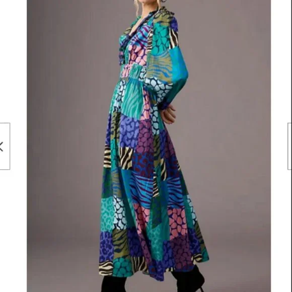 Anthropologie Geisha Designs M NWT Patchwork Maxi Dress Animal Print Long Sleeve - Picture 2 of 8
